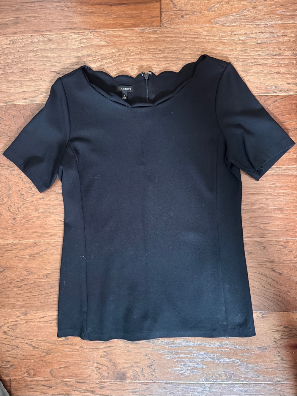 Talbots Black Scalloped Neck Short Sleeve top